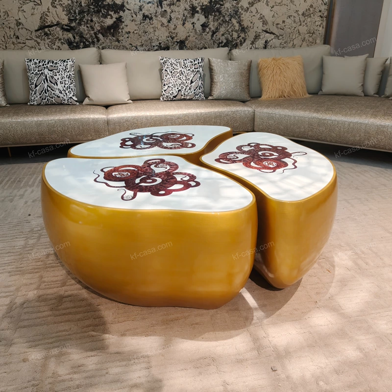 Artistic Gold Coffee Table with Hand-Painted Top Panels